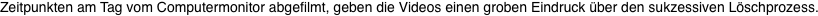 Zeitpunkten am Tag vom Computermonitor abgefilmt, geben die Videos einen groben Eindruck �ber den sukzessiven L�schprozess.